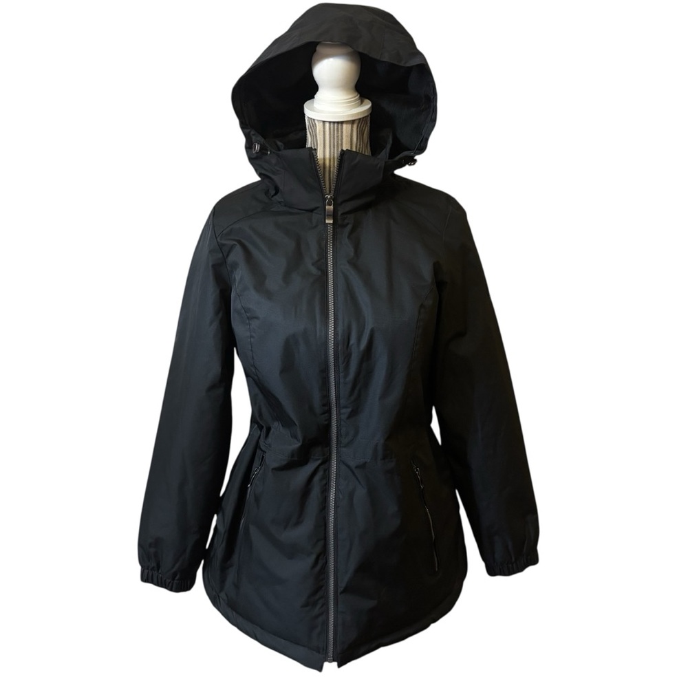 ZeroXposur Coat Small Black Hooded Ski Jacket Waist Ties Zip-Up Zippered Pockets